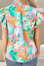 Load image into Gallery viewer, Ruffled Printed Tie Neck Cap Sleeve Blouse
