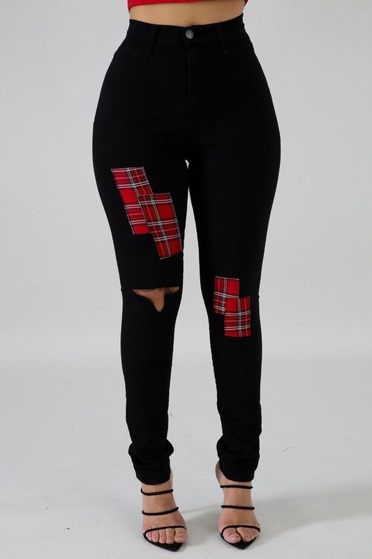 Plaid Patch Skinny Jeans