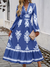 Load image into Gallery viewer, Devine Ruffled Printed Plunge Long Sleeve Dress
