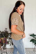 Load image into Gallery viewer, Khaki Leopard Patchwork Drawstring Hooded T Shirt
