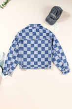 Load image into Gallery viewer, Light Blue Checkered Patchwork Button up Denim Jacket
