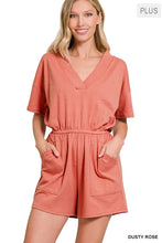 Load image into Gallery viewer, PLUS DROP SHOULDER V-NECK ROMPER WITH POCKETS
