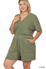 Load image into Gallery viewer, PLUS DROP SHOULDER V-NECK ROMPER WITH POCKETS
