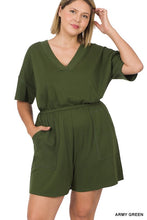 Load image into Gallery viewer, PLUS DROP SHOULDER V-NECK ROMPER WITH POCKETS
