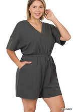 Load image into Gallery viewer, PLUS DROP SHOULDER V-NECK ROMPER WITH POCKETS
