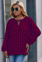 Load image into Gallery viewer, Plaid Tie Neck Balloon Sleeve Blouse
