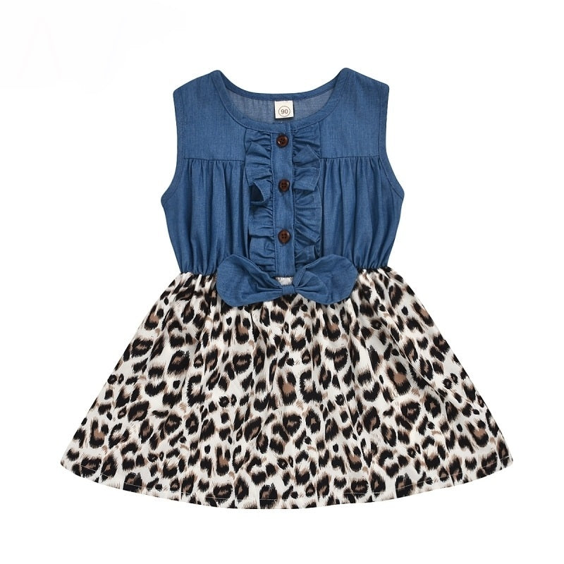 Baby / Kids - Girls - Sleeveless Blue / Leopard Cotton Dress