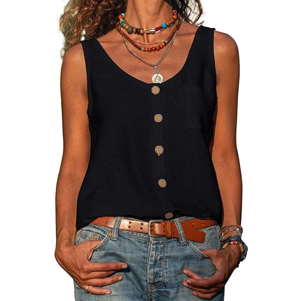 Women's Solid Color V Neck Button Sleeveless Pocket Cami Vest Top