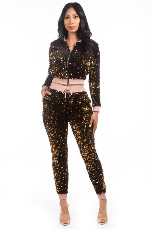 Brown Sexy Sequin Two Piece Pants Set