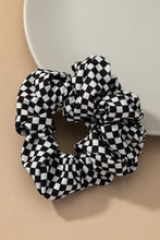 Load image into Gallery viewer, Satin Black and White Checker Hair Scrunchie
