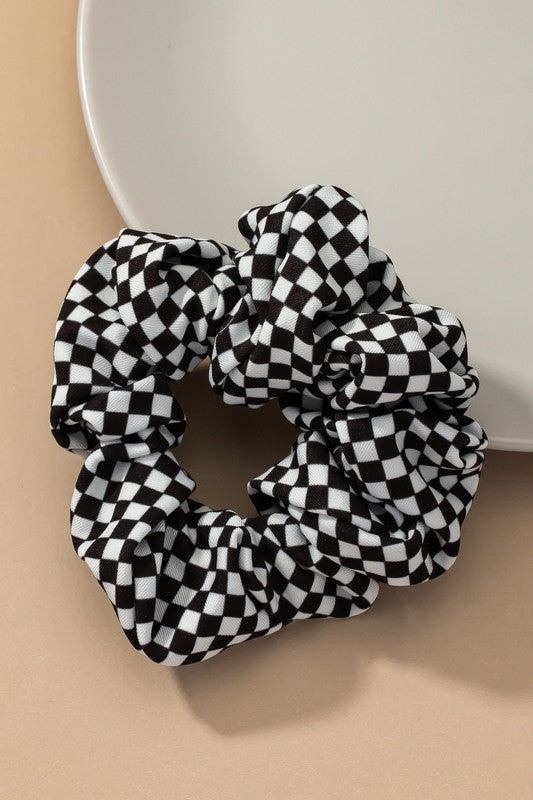 Satin Black and White Checker Hair Scrunchie