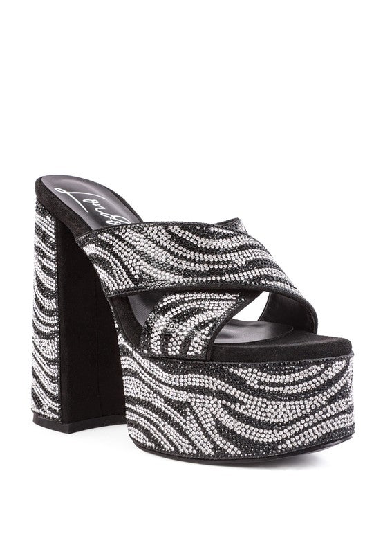 Sinful High Platform Patterned Diamante Rhinestone Slides