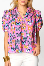 Load image into Gallery viewer, Purple Butterfly Print Ruffled Puff Sleeve Tied V Neck Blouse
