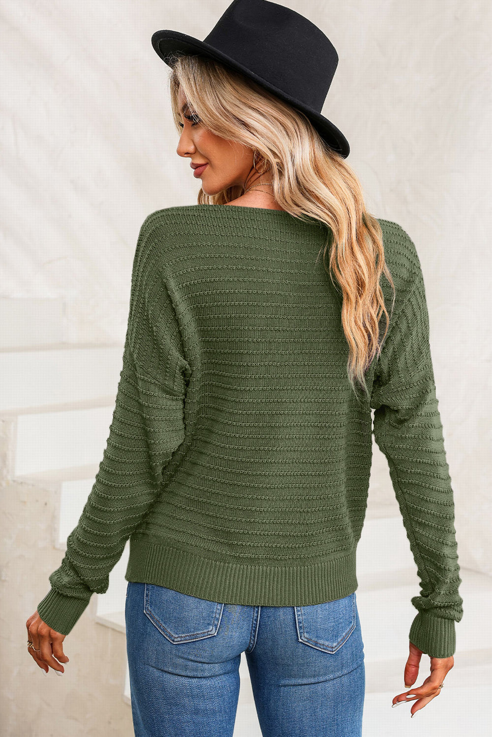 Womems - Green - Textured Knit Round Neck Dolman Sleeve Sweater