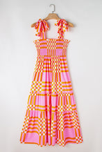 Load image into Gallery viewer, Pink Boho Gingham Tied Straps Smocked Maxi Dress
