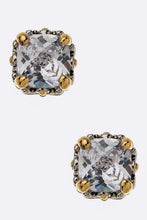 Load image into Gallery viewer, CZ Designed 2 Tone Prong Set Cushion Stud Earrings
