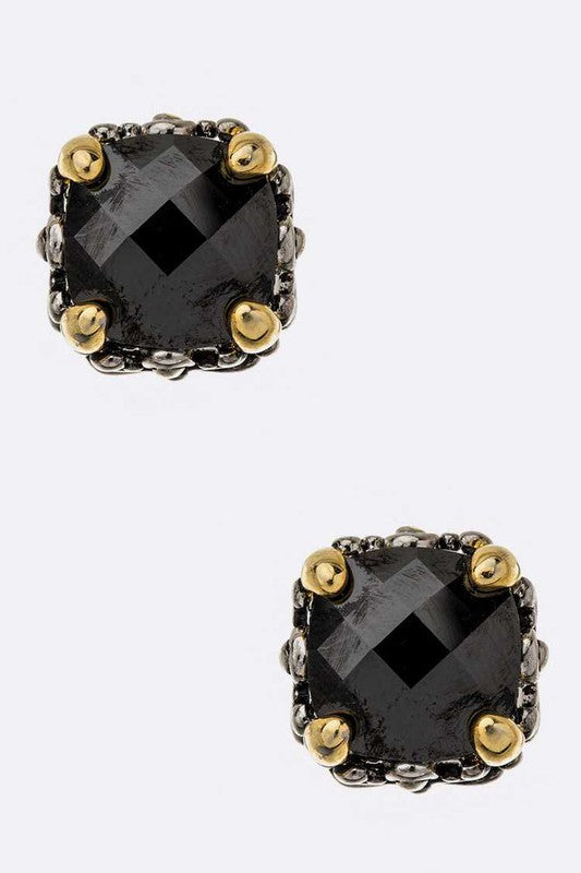 CZ Designed 2 Tone Prong Set Cushion Stud Earrings