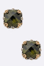 Load image into Gallery viewer, CZ Designed 2 Tone Prong Set Cushion Stud Earrings
