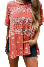 Load image into Gallery viewer, Red Paisley Print Side Slits Crew Neck T Shirt
