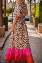 Load image into Gallery viewer, Bright Pink Leopard Colorblock Patchwork Bubble Sleeve Maxi Dress
