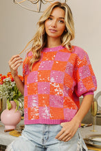 Load image into Gallery viewer, BiBi Checkered Short Sleeve Sequin Sweater
