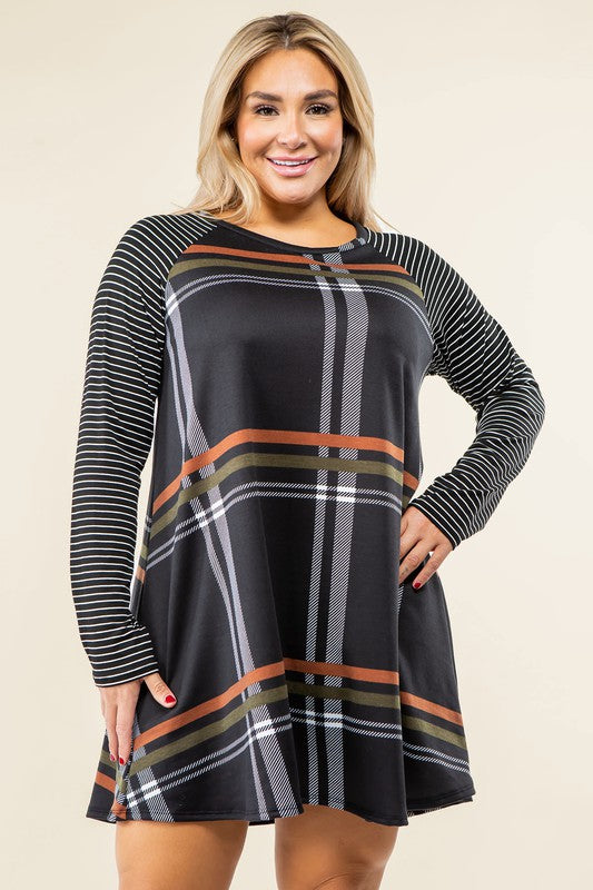 Plus Stripe Sleeve A- Line Mini Dress