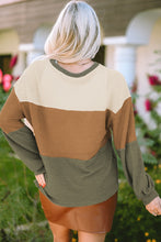 Load image into Gallery viewer, Waffle-Knit Color Block Round Neck Long Sleeve Blouse
