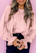 Load image into Gallery viewer, Apricot Pink Pleated Round Neck Flounce Sleeve Satin Blouse
