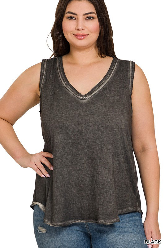 Plus Size Washed Raw Edge V-Neck Tank Top