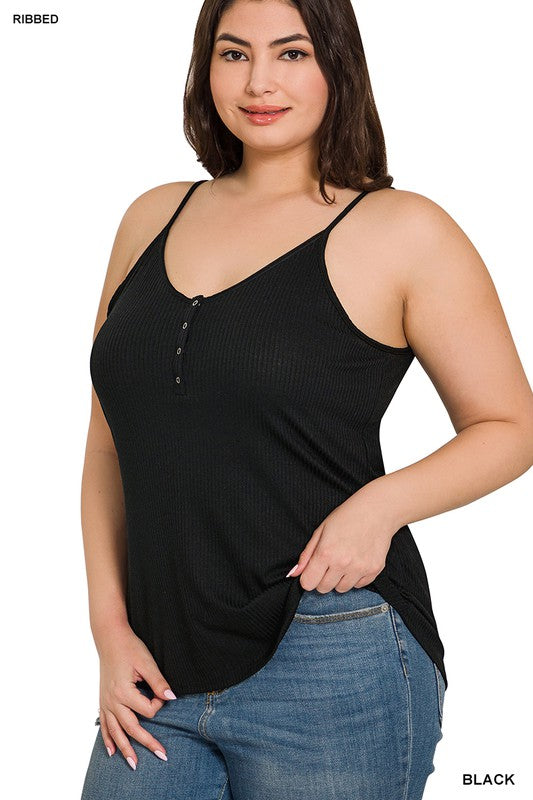 Plus Ribbed Half Snal Button Closure Cami Top