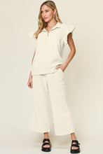 Load image into Gallery viewer, Double Take Texture Ruffle Short Sleeve Top and Drawstring Wide Leg Pants Set
