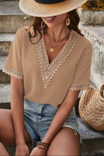 Load image into Gallery viewer, Full Size Lace Detail V-Neck Short Sleeve Blouse
