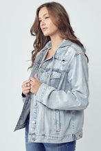 Load image into Gallery viewer, RISEN Full Size Distressed Drawstring Hooded Denim Jacket
