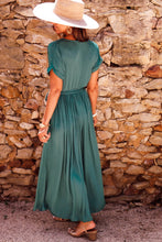 Load image into Gallery viewer, Green Solid Color V Neck Wrap Pleated Short Sleeve Maxi Dress
