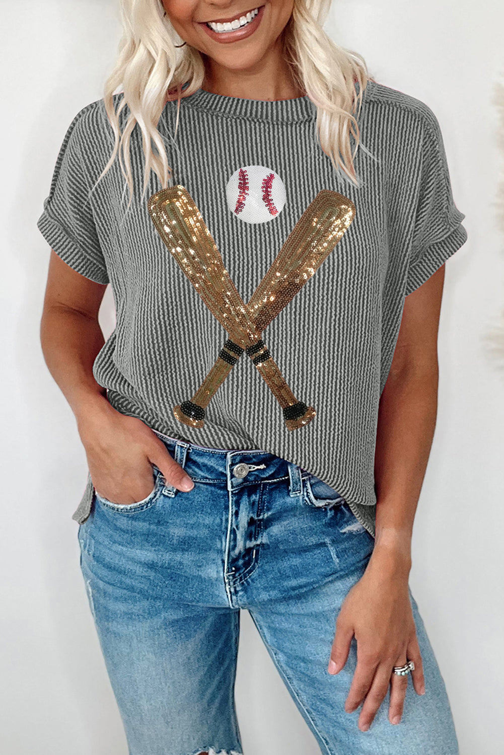 Medium Grey Sequin Baseball Pattern Corded Crewneck T Shirt