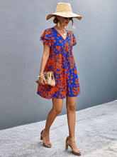 Load image into Gallery viewer, Ruffled Printed V-Neck Short Sleeve Mini Dress
