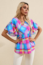 Load image into Gallery viewer, Plaid V-Neck Short Sleeve Blouse
