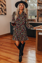 Load image into Gallery viewer, Black Retro Floral Tie Waist Short Ruffle Shirt Dress
