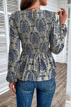 Load image into Gallery viewer, Sky Blue Boho Printed Balloon Sleeve Smocked Peplum Blouse
