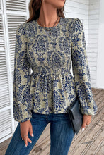 Load image into Gallery viewer, Sky Blue Boho Printed Balloon Sleeve Smocked Peplum Blouse
