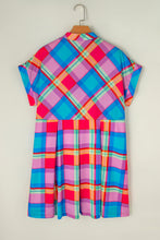 Load image into Gallery viewer, Light Blue Multicolor Plaid Short Sleeve Babydoll Mini Dress
