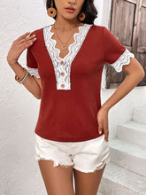 Load image into Gallery viewer, Lace Detail V-Neck Short Sleeve T-Shirt
