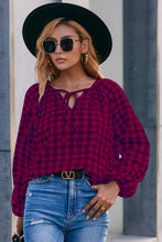 Load image into Gallery viewer, Plaid Tie Neck Balloon Sleeve Blouse
