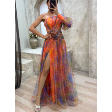 Load image into Gallery viewer, Mesh Tie-dye Printed Off-shoulder Slit Dress Summer INS Fashion Long Dress Party
