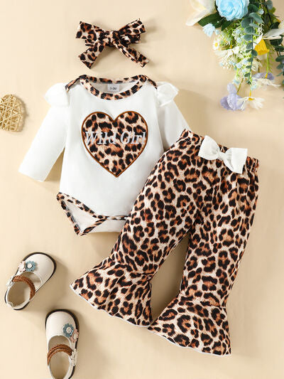 2 Colors - Baby- Girls - Letter Graphic Long Sleeve Bodysuit and Bow Leopard Pants Set Ti Amo I love you