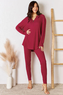 2 Colors - Basic Bae Full Size Notched Long Sleeve Top and Pants Set Ti Amo I love you