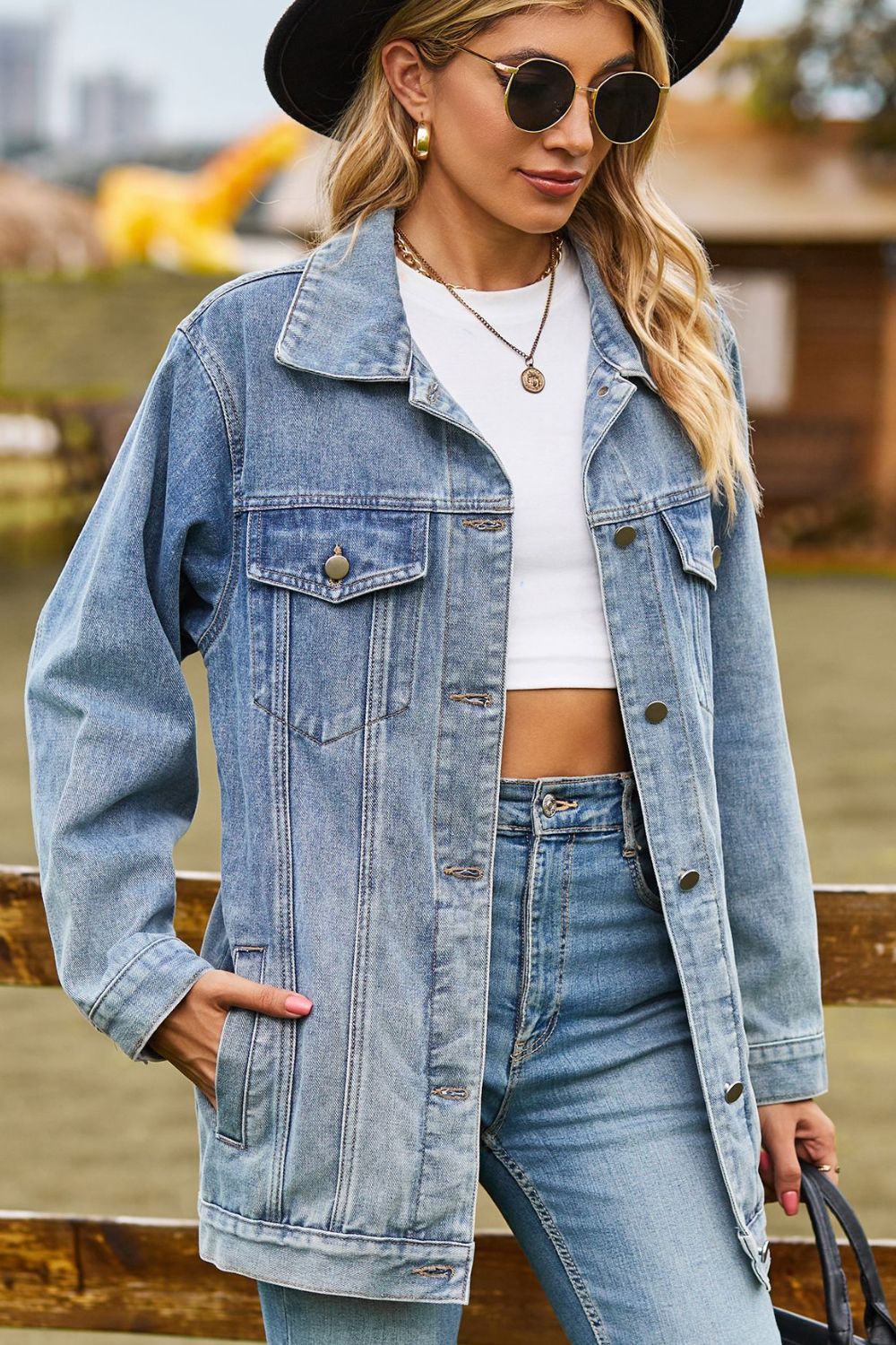 2 Colors - Buttoned Collared Neck Denim Jacket with Pockets Ti Amo I love you