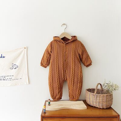 2 Colors - Cable-Knit Long Sleeve Hooded Snapped Jumpsuit Ti Amo I love you
