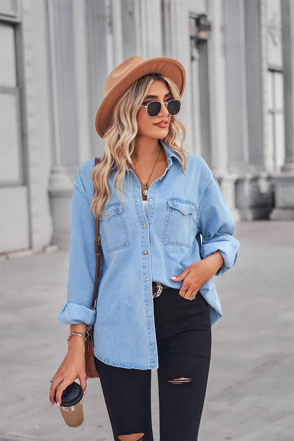 2 Colors - Collared Neck Dropped Shoulder Denim Top Ti Amo I love you