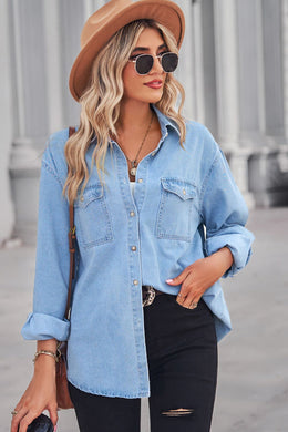 2 Colors - Collared Neck Dropped Shoulder Denim Top Ti Amo I love you